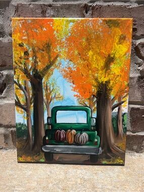 Original Hand Painted Green Pickup Truck Autumn Canvas Wall Art